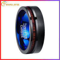 BONLAVIE 8mm Koa Wood Inlay Tungsten Carbide Wedding Band Black Brushed Promise Ring Flat Edge Comfort Fit Size 7-12