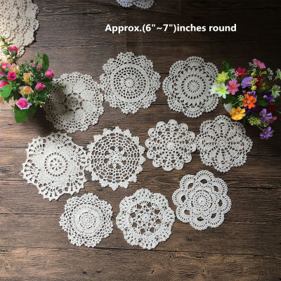2021New 10Pcs 100 Cotton Hand Made Crochet Doilies Cup Mat Pad Coaster 10Vintage Crochet Motifs 6"~7"inches Round White Beige