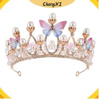 CHONGXI นางแบบแคทวอล์ค วันเกิด รัดเกล้า Rhinestone Tiaras สำหรับเด็กผู้หญิง ผีเสื้อ ที่คาดผมไข่มุก มงกุฏเจ้าหญิง