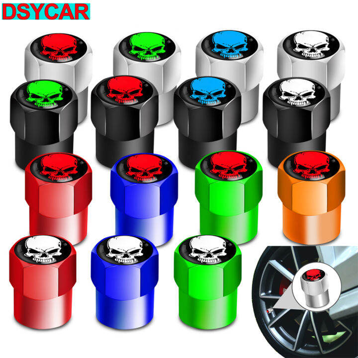 4Pcs Universal Aluminum Alloy Car Wheel Tire Valve Caps Skull Logo Tyre