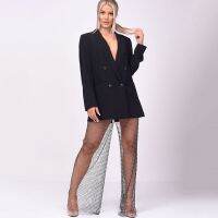 【CW】 Loose Hollow Out  Trousers Glitter Rhinestone Fishnet See Through Elastic Pant