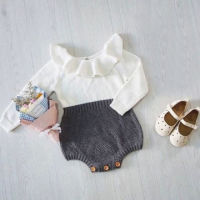 【Forever CY Baby】Baby Warm Romper, Color Block Long Sleeve Ruffle Round Neck Outfit, Knitted Button Closure Loose One-Piece Jumpsuit