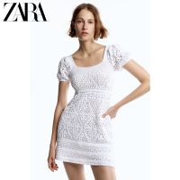 2022Zara ใหม่ชุดฤดูร้อนใหม่สีขาวโครเชต์ฮอลโลว์สแควร์คอปกแขนสั้นชุด6771055 250