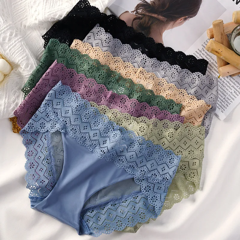 Womens Underwear Sheer Lace See Through Mesh Cotton Crotch Seamless Briefs  Womens Panties 