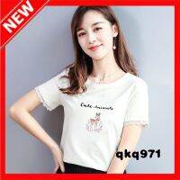 qkq971 พร้อมส่ง เสื้อยืดผู้หญิงแฟชั่น เสื้อยืดแขนสั้นคอกลมสไตล์เกาหลีสำหรับผู้หญเสื้อสีพื้น เสื้อขาวฟ้าชมพู 402