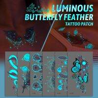 Blue Luminous Tattoo Sticker Music Concert Halloween Party Fake Tattoo Butterfly Feather Glowing Waterproof Temporary Tattoo For Body Art Women Men