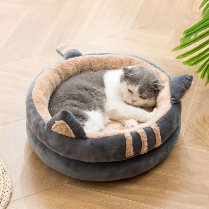 เตียงแมวการ์ตูนรอบสัตว์เลี้ยงแมวเตียงแมวบ้านเบาะข้นแมวนอนเตียงป้องกันการลื่นไถลลูกแมวครึ่งล้อมรอบ-เปิดเตียง