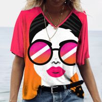 Summer WomenS T-Shirt Fashion New V-Neck Tshirts Abstract Human Face Pattern Print WomenS Fun Tees Short-Sleeved Tops Pullover