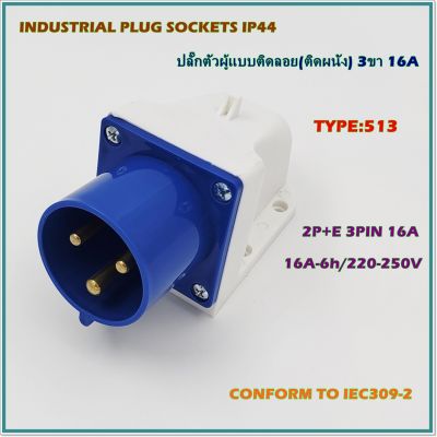 TYPE:513 WALL MOUNTEN PLUGS,POWER PLUG,INDUSTRIAL PLUG SOCKET,ปลั๊กตัวผู้ติดลอย(ติดผนัง) เต้ารับตัวผู้ติดผนัง ปลั๊กเพาเวอร์ ปลั๊กอุตสาหกรรม 2P+E 3ขา 16A-6h/AC 220-250V IP44