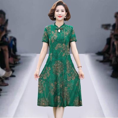 Summer Dress Middle aged Woman Floral Dress Retro Asian Long Vintage Dresses for Women Clothes