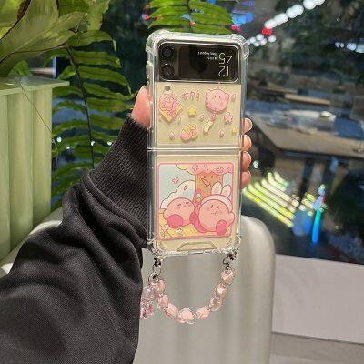 （shine electron）เคสมือถือลายการ์ตูนอนิเมะเรื่อง Kiriby,เคสโทรศัพท์แบบโซ่สำหรับ Samsung Galaxy Z Flip 3 4 5G เคสโปร่งใสกันกระแทกสีชมพู Zflip4 Zflip3