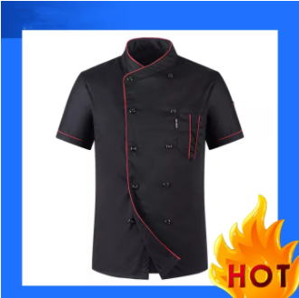 【Lucky】Men Short Sleeve Stand Collar Double-Breasted Chef Waiter Loose T-Shirt