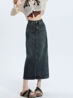 original Uniqlo 2023 New Retro denim skirt skirt for women autumn and winter slit A-line skirt small medium-length slim hip-hugging high-waisted skirt