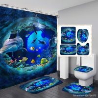 【hot】❧  Fashion Sea Shower Curtain Set Non-Slip Toilet Lid Cover Polyester