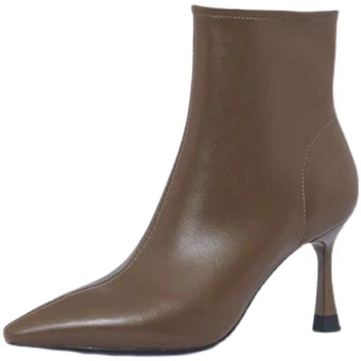 รองเท้าบูทสั้นส้นสูงสีน้ำตาลสำหรับผู้หญิง-รองเท้าบูทหนังแกะแท้กำมะหยี่ส้นเล็กหัวแหลมสีขาวหนังแกะส้นเข็ม-wrd292