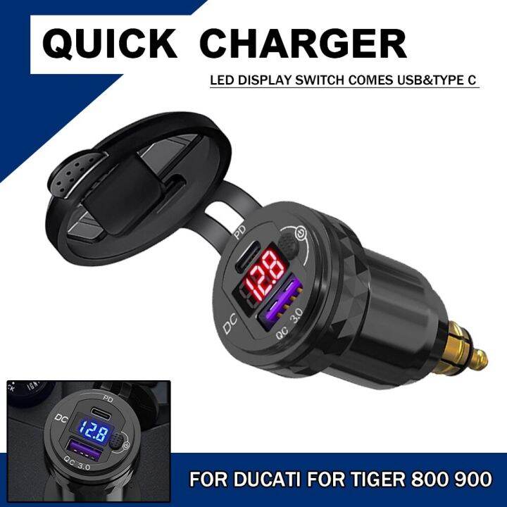 Motorcycle DIN Hella Plug Type C USB Quick Charger Adapter LED Display