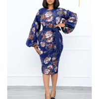 Floral Print Dress Women Long Sleeve Party Dress Ladies Casual Clothes temperament Tongle puff sleeves strap professional dress