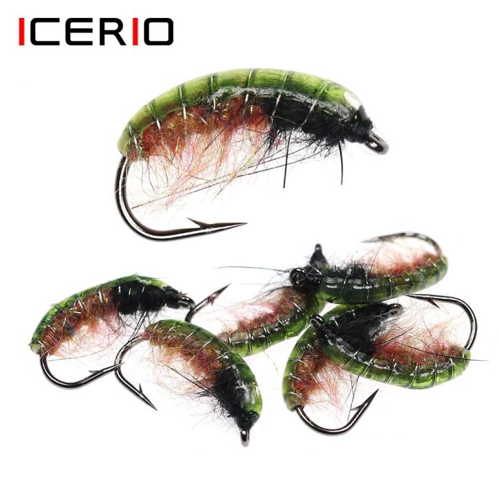 1 ICERIO 6PCS UV Green Back Nymphs Scud Bug Worm Flies With Barbed Hook  Trout Fishing Fly Lure Bait