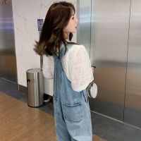 Spot parcel post Womens Love Denim Suspender Pants 2023 Summer Thin Korean Style Loose Western Style Youthful-Looking Wide Leg Straight off