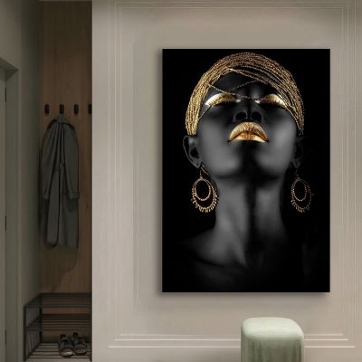 โปสเตอร์ห้องนั่งเล่นภาพวาดตกแต่งบ้านศิลปะตกแต่งผนัง Cuadros สีทองสำหรับผู้หญิงภาพวาดสีน้ำมันผู้หญิงแอฟริกัน (1ชิ้น)