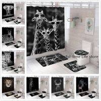 【CW】❍❐  Animals Printed Shower Curtain Set Elephant Bathing Anti-Slip Toilet Lid Rugs