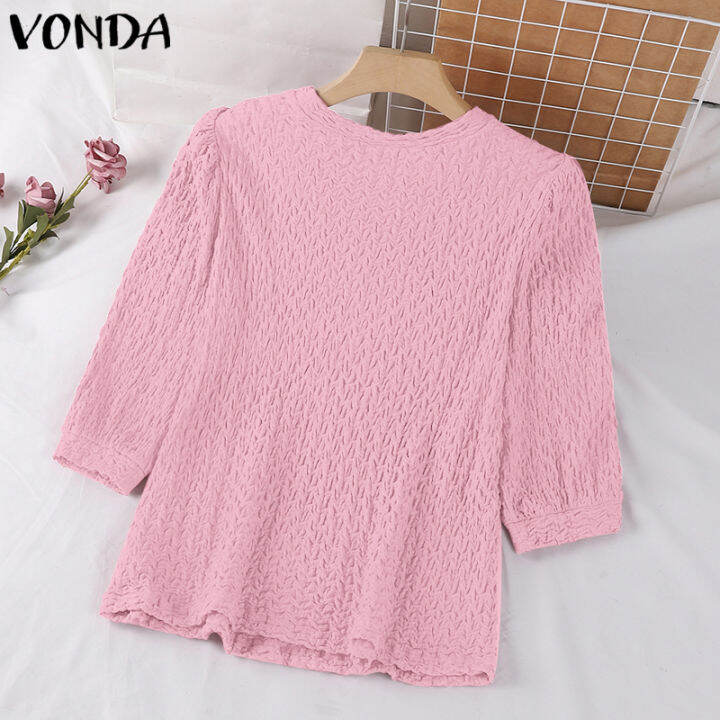 จัดส่งฟรี-fancystyle-vonda-เสื้อหนาคอกลมอเนกประสงค์ของผู้หญิงเสื้อจับจีบแขน3-4สำนักงานเดินทาง