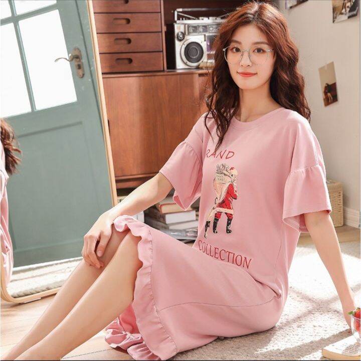 cod-dsfgretgrytwe-เจ้าแรกใน-ชุดนอนสไตล์มินิมอล-new-cotton-women-nightdress-ใหม่ชุดนอนผ้าฝ้ายผู้หญิงเกาหลีชุดนอนการ์ตูนส่วนยาว