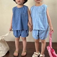 Summer Boy Children Denim Vest Set Girl Baby Pocket Sleeveless Solid Casual Tops + Short Jeans 2pcs Kid Cotton Waistcoats Suit