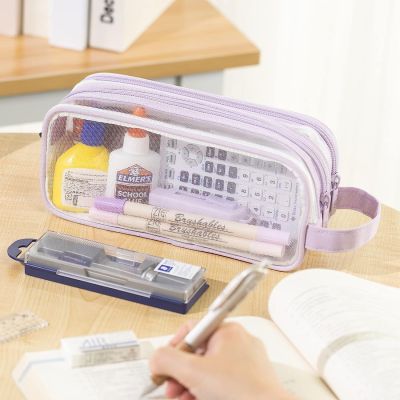 2 Compartment Pen Bag Large Grid Mesh Pencil Case 2 Compartment Pen Bag Clear Handheld Multifunction Pencil Pouch Transparent Makeup Bag Teen Student Stationery Holder College Business Travel Stationery Organizer Office Adult Pencil Case Stationery Holder