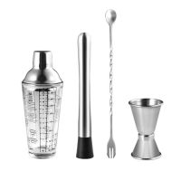 4pcs/set Cocktail Mixing Set Crushed Popsicles Measuring Cup Stirring Spoon Shaker Cup For Bar Homen