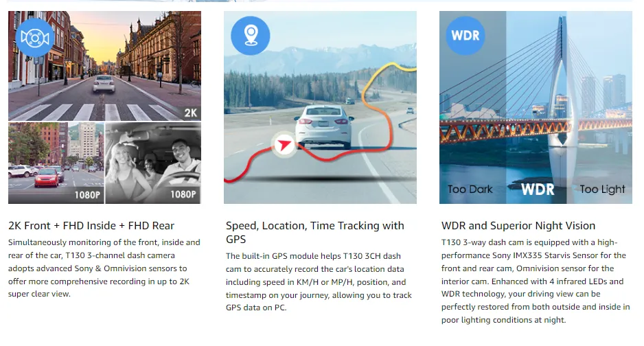 VIOFO T130 3 Channel Dash Cam Uber, WiFi and GPS, 1440P+1080P+1080P,  Supercapacitor, 24 Hour Parking Mode, Support 256GB Max