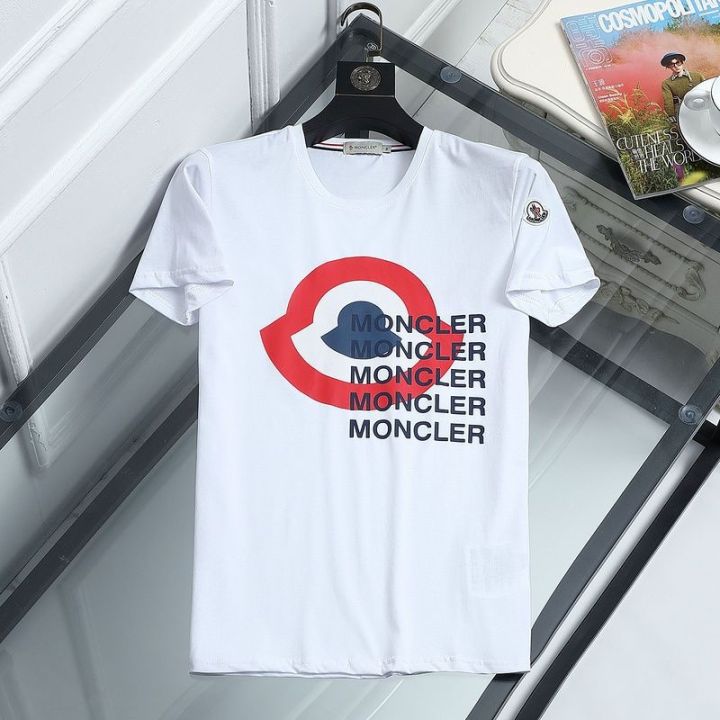 moncleros-เสื้อยืดแขนสั้นพิมพ์ลายผ้าฝ้ายเมอร์เซอร์ไรซ์สำหรับผู้ชายคอกลมฤดูร้อน