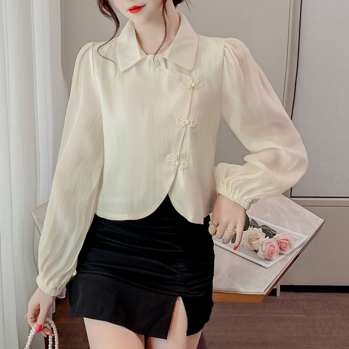 2023-spring-new-womens-top-retro-chinese-style-buckle-short-shirt-with-lining-lantern-sleeve-jacket