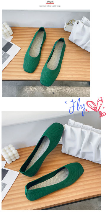 dikodumter-รองเท้าผู้หญิงนุ่มพื้นรองเท้าถัก-sepatu-slip-on-เด็กผู้หญิงสีทึบรองเท้าแฟลตหัวตัด