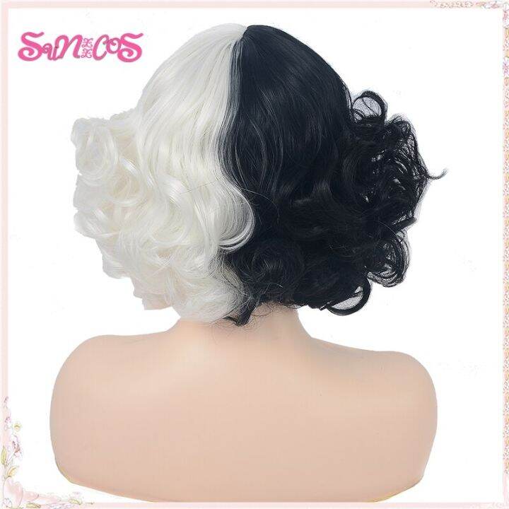 new-cruella-wigs-cruella-de-vil-short-black-white-have-bangs-hair-deville-heat-resistant-synthetic-wigs-halloween-free-wig-cap