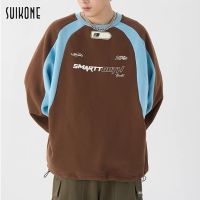 Suikone เสื้อสเวตเตอร์ผู้ชายแฟชั่นวิทยาลัยสไตล์เกาหลีอินสเวตเตอร์พิมพ์ลายแขนยาวสไตล์มอเตอร์ไซค์ทรงหลวมลำลองคอกลมด้านบน