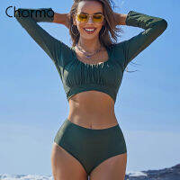 Charmo ชุดว่ายน้ำ Rashguard สองชิ้นสำหรับผู้หญิง UPF 50 + คอวีชุดเล่นเซิร์ฟปกสี่เหลี่ยม