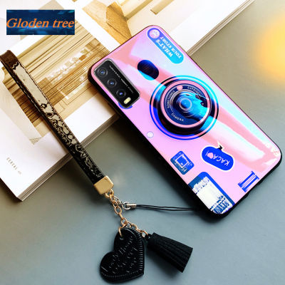 Gloden tree For Vivo Y20 Case Camera Pattern + Stand + Beautiful Tassel Hand Strap Protective Back Cover Couple Cases