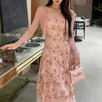 Spot parcel post Summer Slimming Sweet Beauty Floral Strap Waist-Tight Slimming Sense of Design Dress + Outer Wear Sun Protection Knit Cardigan