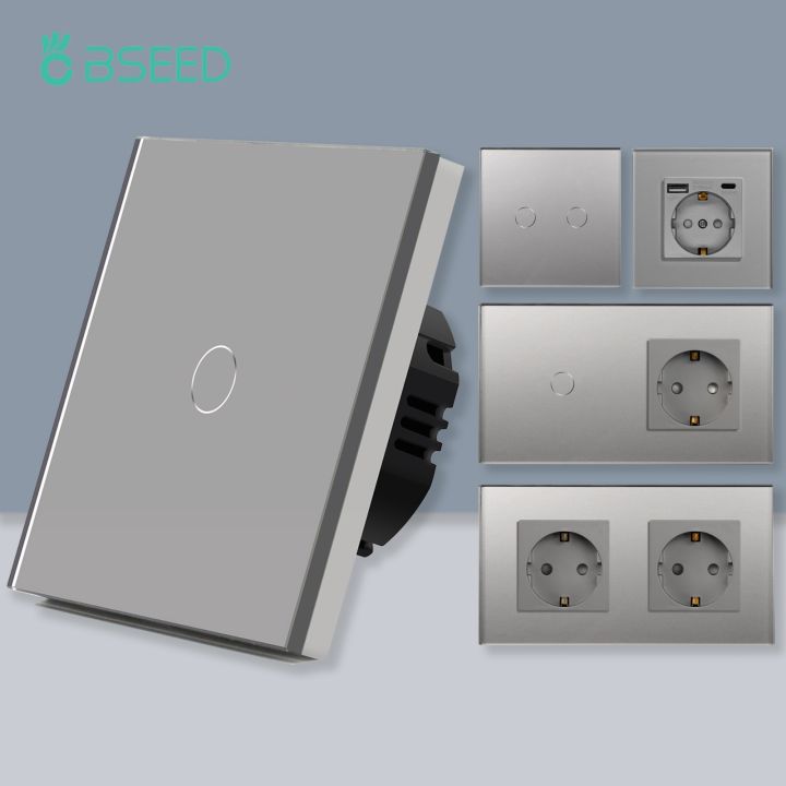 bseed-1-2-3gang-touch-switches-1way-sensor-light-switch-eu-wall-socket-with-usb-type-c-interfaces-glass-panel-blue-backlight