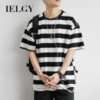 IELGYเสื้อยืดลายทางฤดูร้อนของผู้ชายเสื้อยืดผู้ชายแขนสั้นหลวม