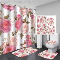 【CW】✢  Pink Flowers Printed Shower Curtain Set Bathing Pedestal Rug Lid cortina ducha