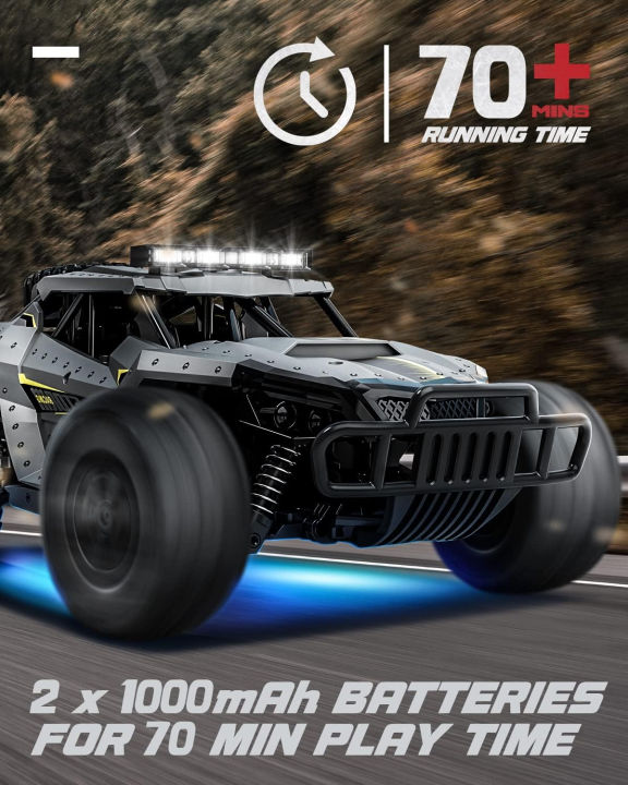 tecnock-rc-car-1-16-scale-remote-control-car-for-boys-high-speed-25-km-h-all-terrains-rc-monster-truck-with-two-rechargeable-batteries-amp-head-chassis-lights-gift-toy-for-kids-adults-grey
