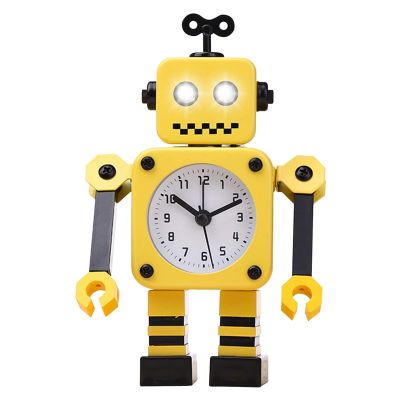 Robot Digital Alarm Clock Stainless Non-Ticking Wake-Up Quartz Desk Clock with Eye Lights Rotating Arm for Kids