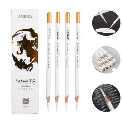 12 White Charcoal Pen Set Students with Bold 4MM Lead Core Wooden Round Rod Highlight Brightening Sketch Brush Art Stationery