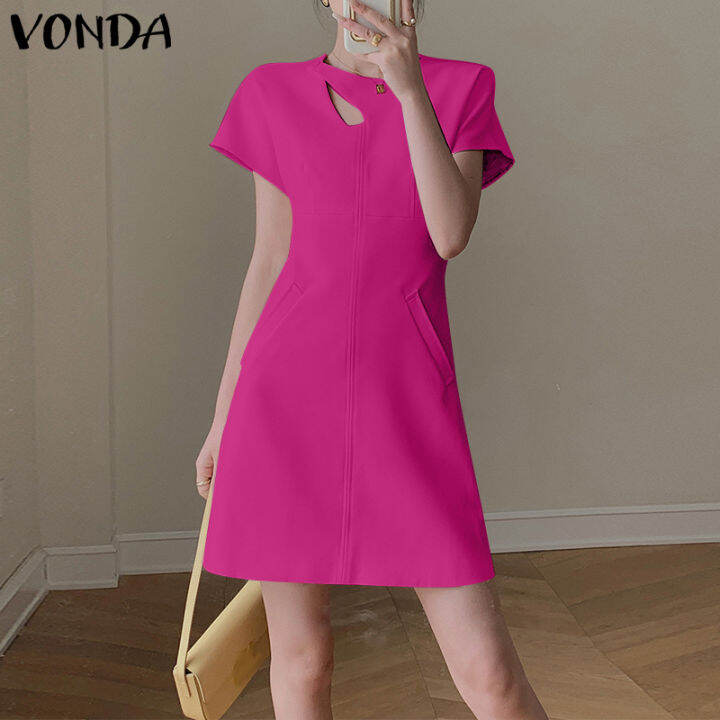 Vonda Women Casual Crew Neck Solid Mini Dresses Short Sleeve Holiday