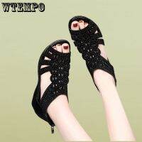 WTEMPO รองเท้าส้นเตารีดมีซิปรูดสำหรับผู้หญิงส้นสูงระดับกลางฤดูร้อนของผู้หญิงรองเท้าแตะเด็กผู้หญิงใส่สบายรองเท้าชุดเดรสดรอปชิป