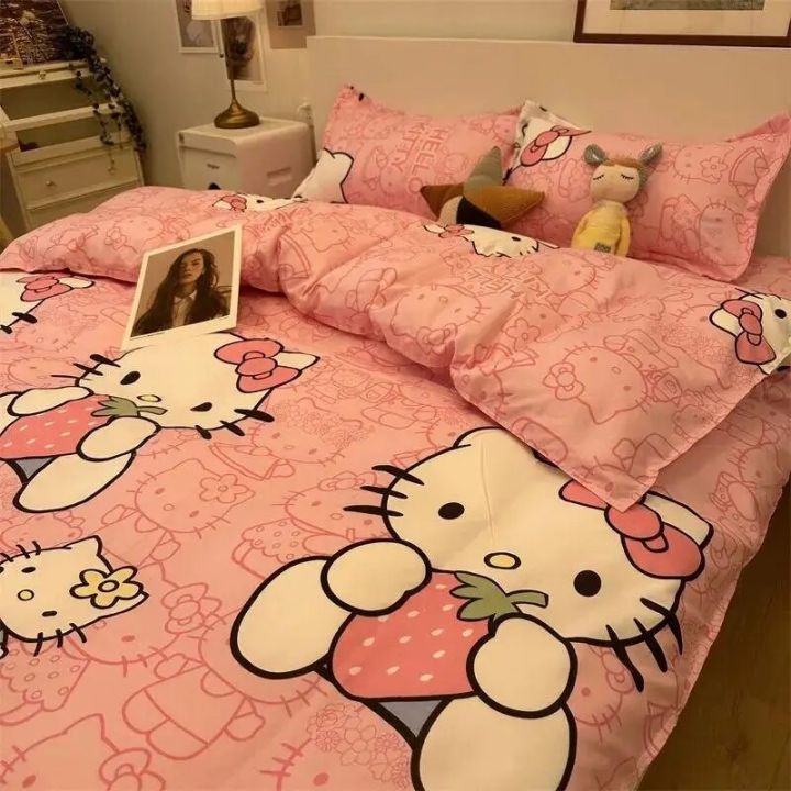 Hello Kittys Sheet Sanrio Bedclothes Three Piece Bed Set Kawaii Cartoon Anime Sheet Quilt Cover