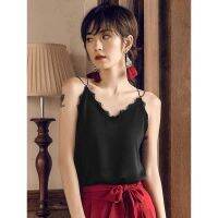 Migu - Lace Tank Tops เสื้อสายเดี่ยวคอวี สายสปาเก็ตตี้ไขว้หลัง แต่งด้วยลูกไม้