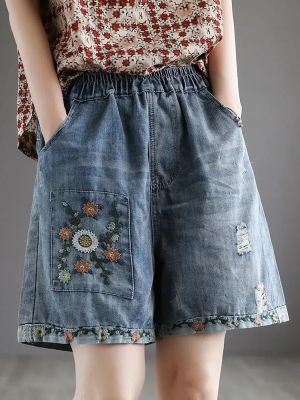Summer Vintage High Waist Embroidery Denim Shorts S-3xl Hole Loose Women Pants Fashion Elastic Waist Streetwear Wide Leg Pants